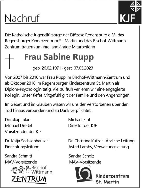Traueranzeige von Sabine Rupp von Mittelbayerische Zeitung Regensburg