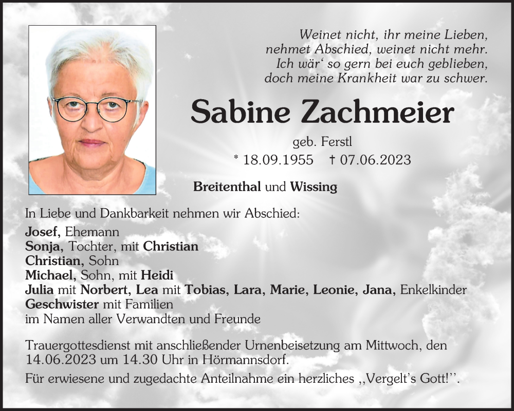  Traueranzeige für Sabine Zachmeier vom 10.06.2023 aus Neumarkter Tagblatt