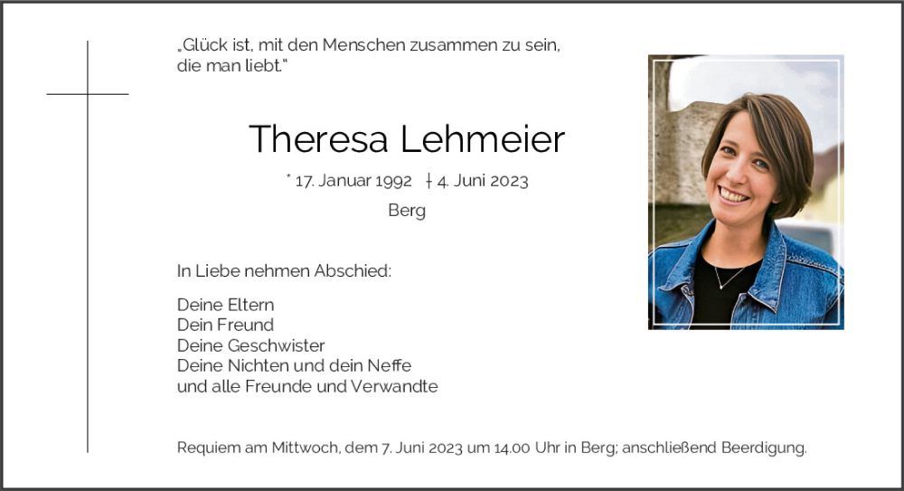  Traueranzeige für Theresa Lehmeier vom 05.06.2023 aus Neumarkter Tagblatt
