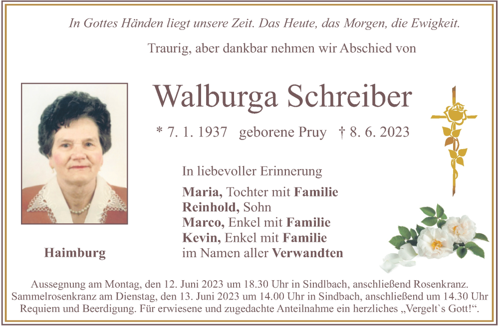  Traueranzeige für Walburga Schreiber vom 10.06.2023 aus Neumarkter Tagblatt