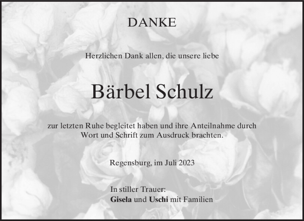  Traueranzeige für Bärbel Schulz vom 15.07.2023 aus Mittelbayerische Zeitung Regensburg
