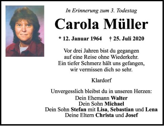 Traueranzeige von Carola Müller von Mittelbayerische Zeitung Schwandorf