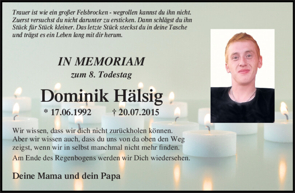  Traueranzeige für Dominik Hälsig vom 20.07.2023 aus Mittelbayerische Zeitung Schwandorf