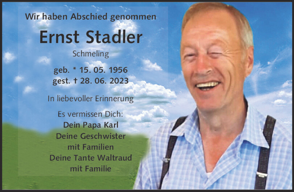  Traueranzeige für Ernst Stadler vom 15.07.2023 aus Mittelbayerische Zeitung Regensburg