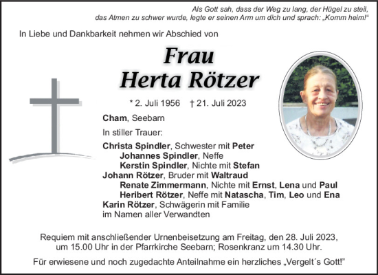 Traueranzeige von Herta Rötzer von Mittelbayerische Zeitung Schwandorf