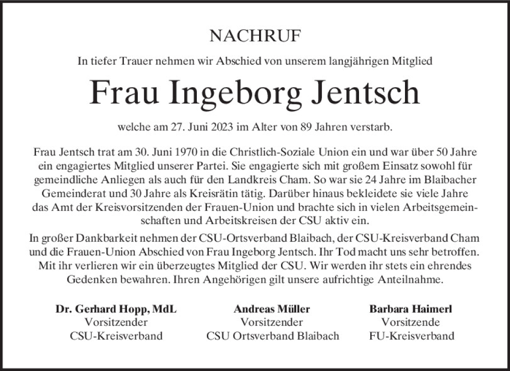  Traueranzeige für Ingeborg Jentsch vom 04.07.2023 aus Bayerwald Echo
