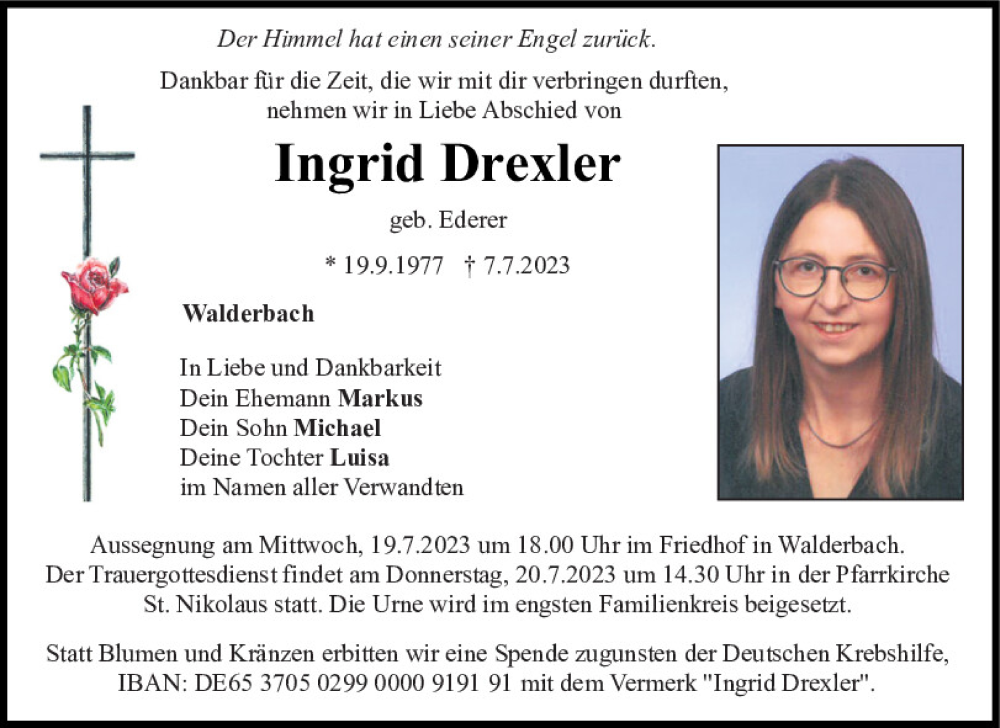  Traueranzeige für Ingrid Drexler vom 15.07.2023 aus Bayerwald Echo