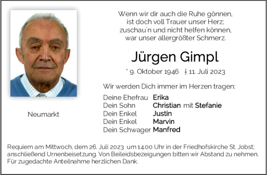 Traueranzeige von Jürgen Gimpl von Neumarkter Tagblatt