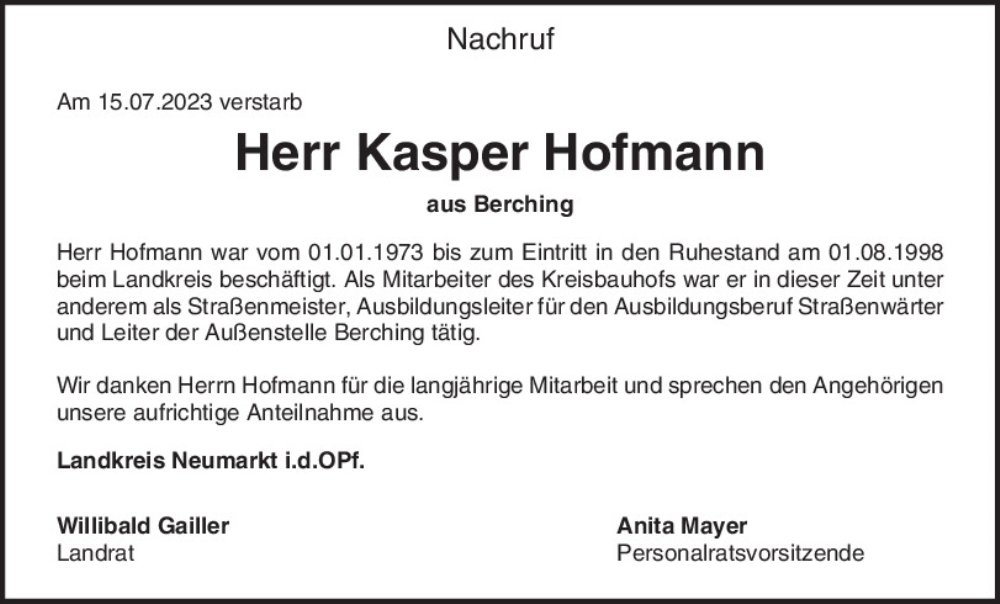  Traueranzeige für Kasper Hofmann vom 27.07.2023 aus Neumarkter Tagblatt