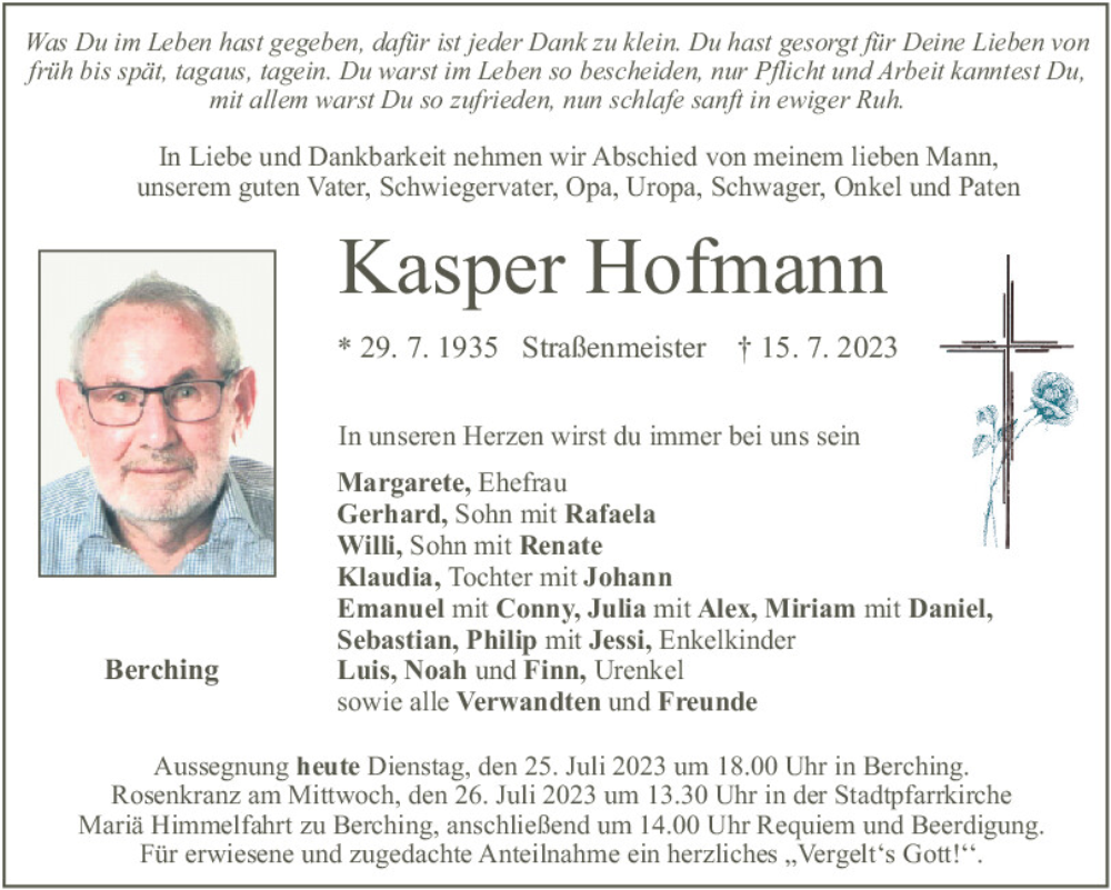  Traueranzeige für Kasper Hofmann vom 25.07.2023 aus Neumarkter Tagblatt