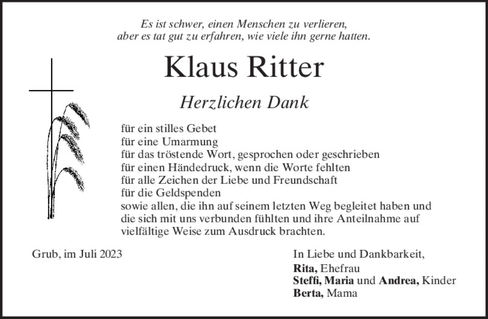  Traueranzeige für Klaus Ritter vom 08.07.2023 aus Mittelbayerische Zeitung Regensburg