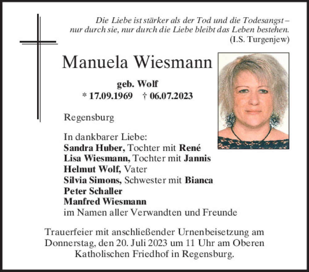  Traueranzeige für Manuela Wiesmann vom 15.07.2023 aus Mittelbayerische Zeitung Regensburg