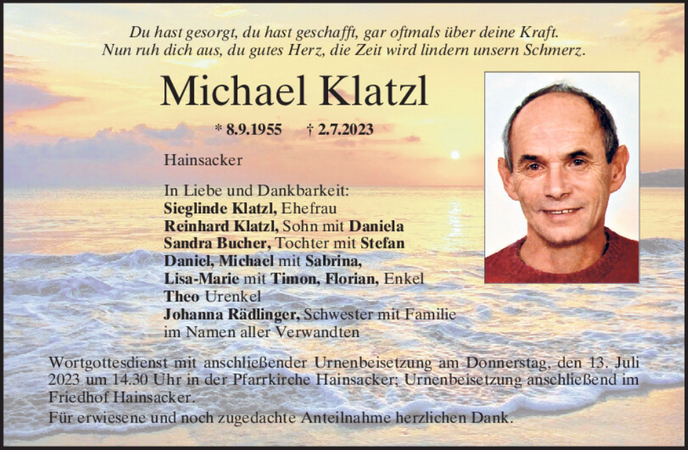  Traueranzeige für Michael Klatzl vom 08.07.2023 aus Mittelbayerische Zeitung Regensburg