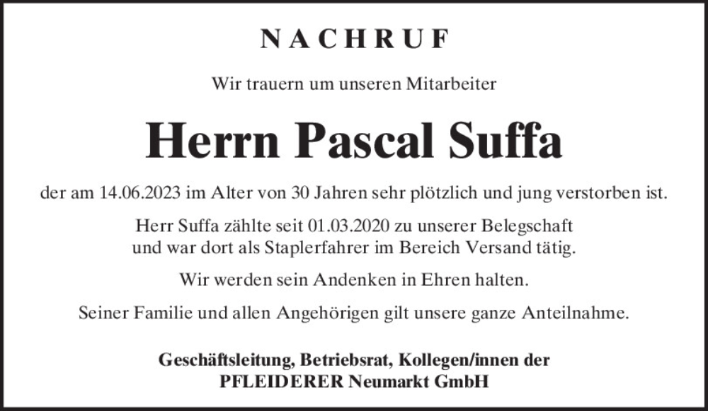  Traueranzeige für Pascal Suffa vom 14.07.2023 aus Neumarkter Tagblatt