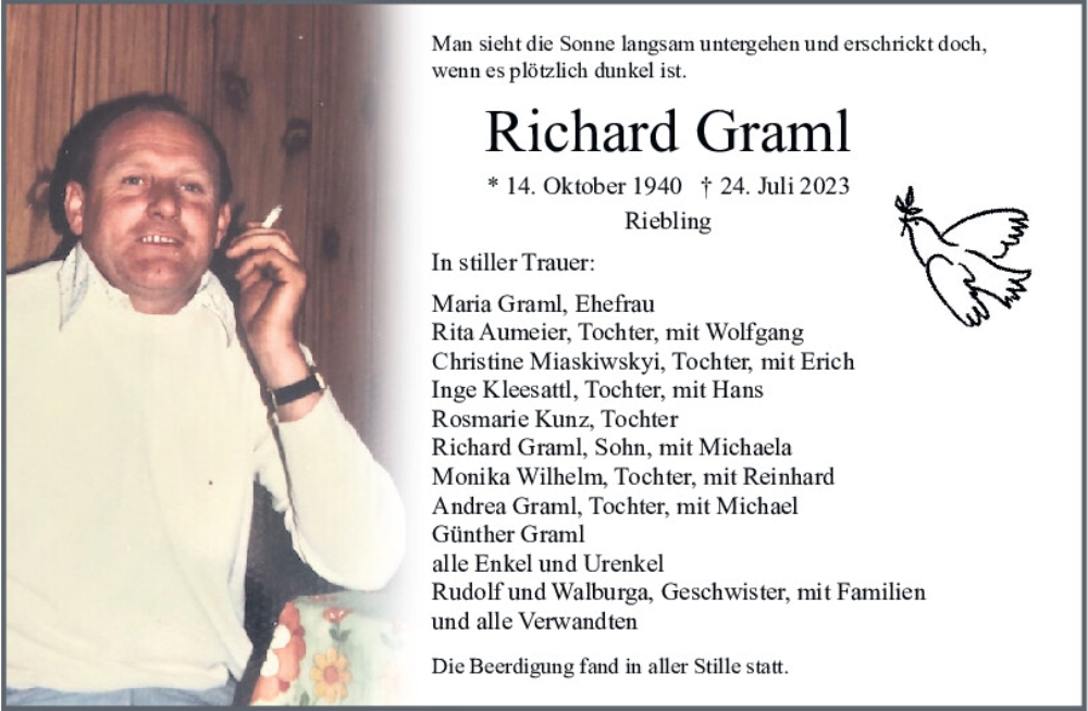  Traueranzeige für Richard Graml vom 28.07.2023 aus Neumarkter Tagblatt