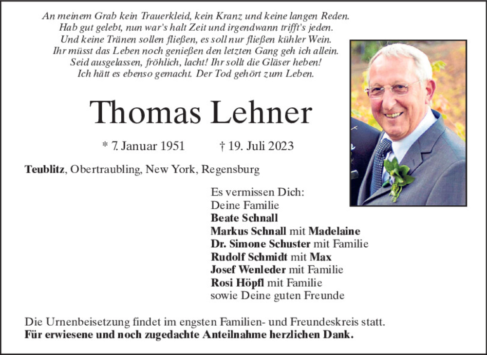  Traueranzeige für Thomas Lehner vom 26.07.2023 aus Mittelbayerische Zeitung Schwandorf