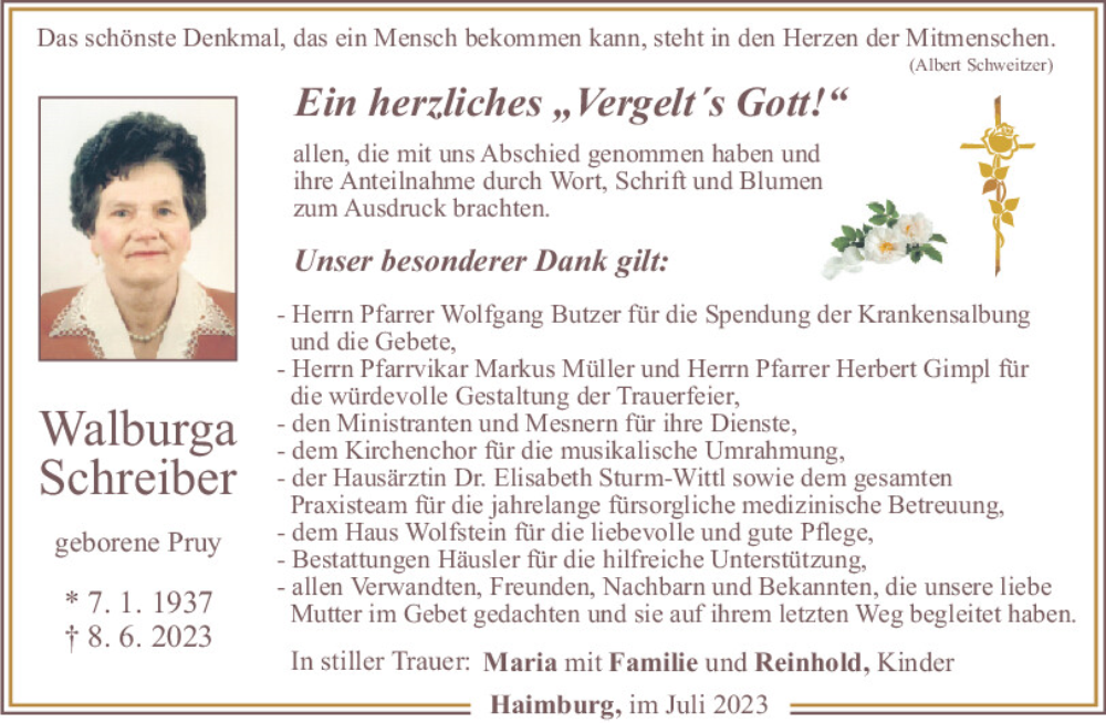  Traueranzeige für Walburga Schreiber vom 08.07.2023 aus Neumarkter Tagblatt