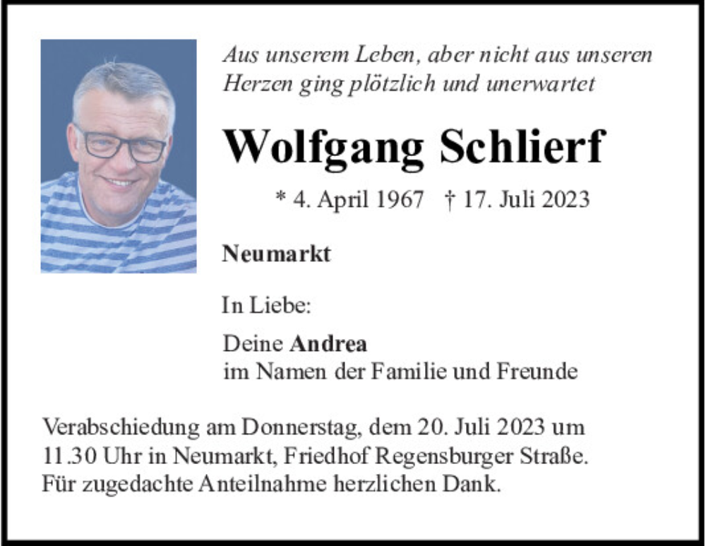  Traueranzeige für Wolfgang Schlierf vom 18.07.2023 aus Neumarkter Tagblatt