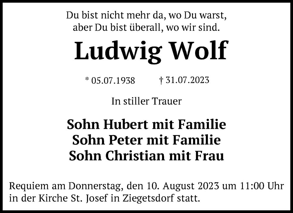  Traueranzeige für Ludwig Wolf vom 08.08.2023 aus Mittelbayerische Zeitung