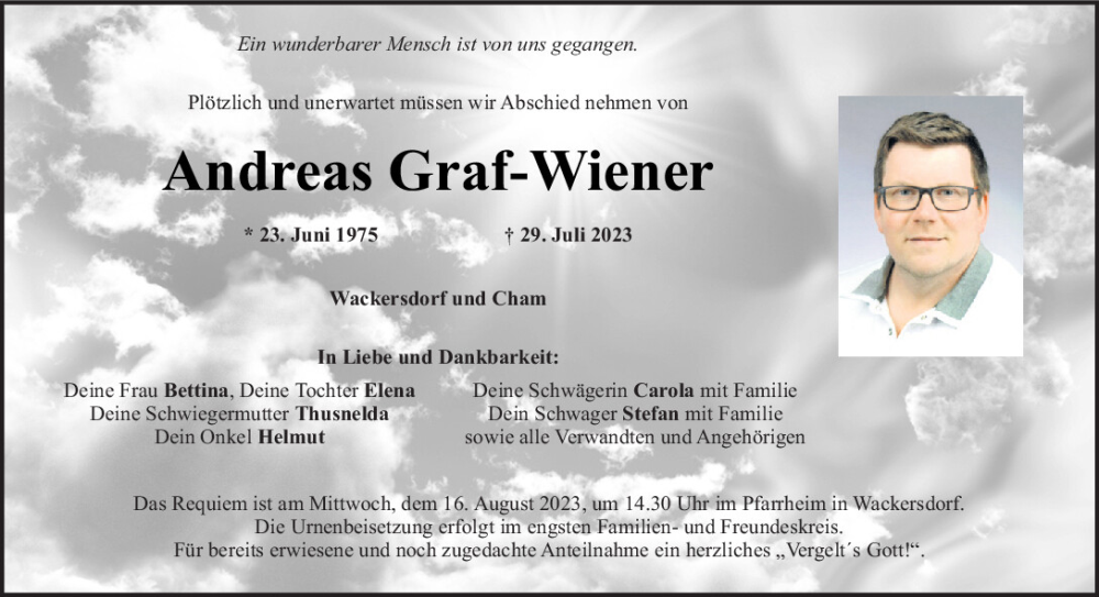  Traueranzeige für Andreas Graf-Wiener vom 05.08.2023 aus Bayerwald Echo