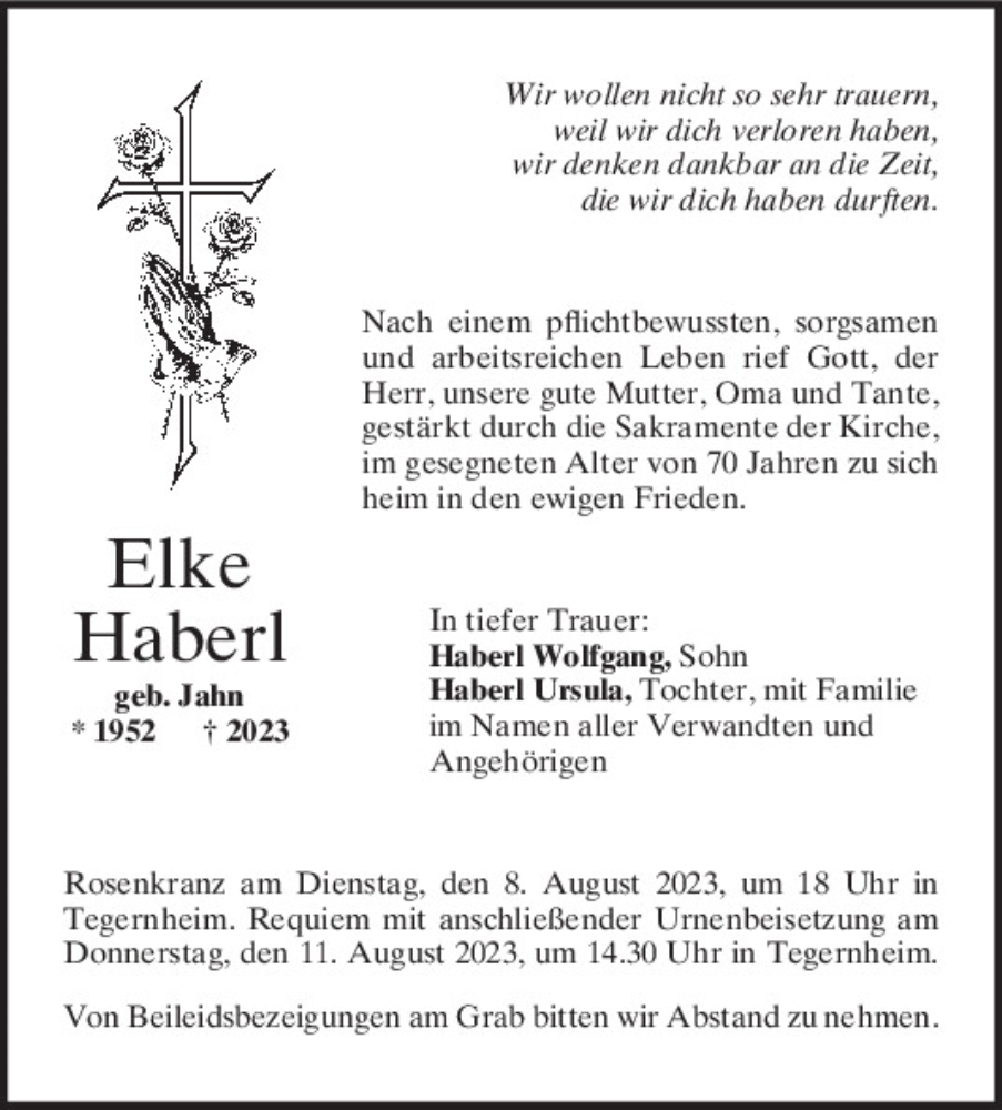  Traueranzeige für Elke Haberl vom 05.08.2023 aus Mittelbayerische Zeitung Regensburg