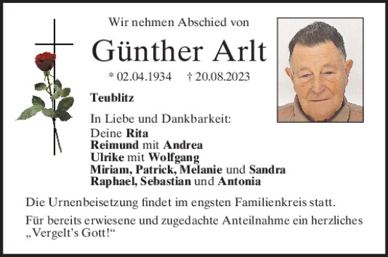 Traueranzeige von Günther Arlt von Mittelbayerische Zeitung Schwandorf