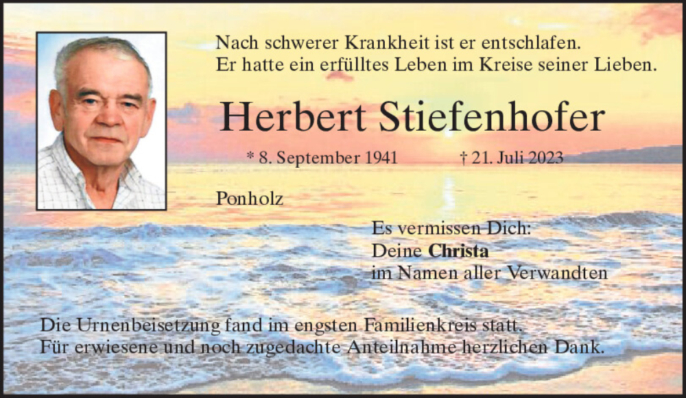  Traueranzeige für Herbert Stiefenhofer vom 05.08.2023 aus Mittelbayerische Zeitung Regensburg