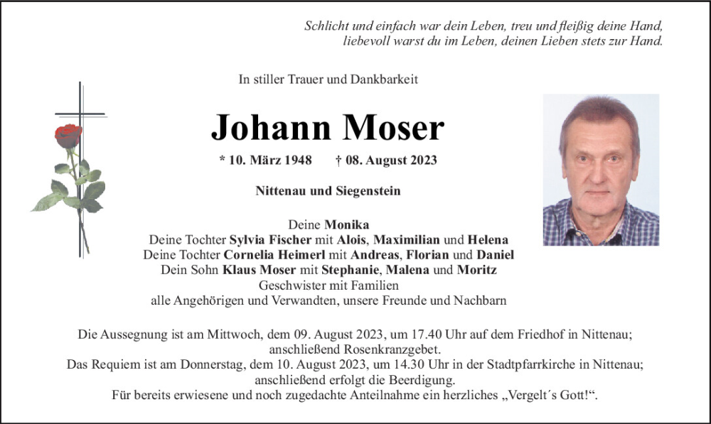  Traueranzeige für Johann Moser vom 09.08.2023 aus Mittelbayerische Zeitung Regensburg