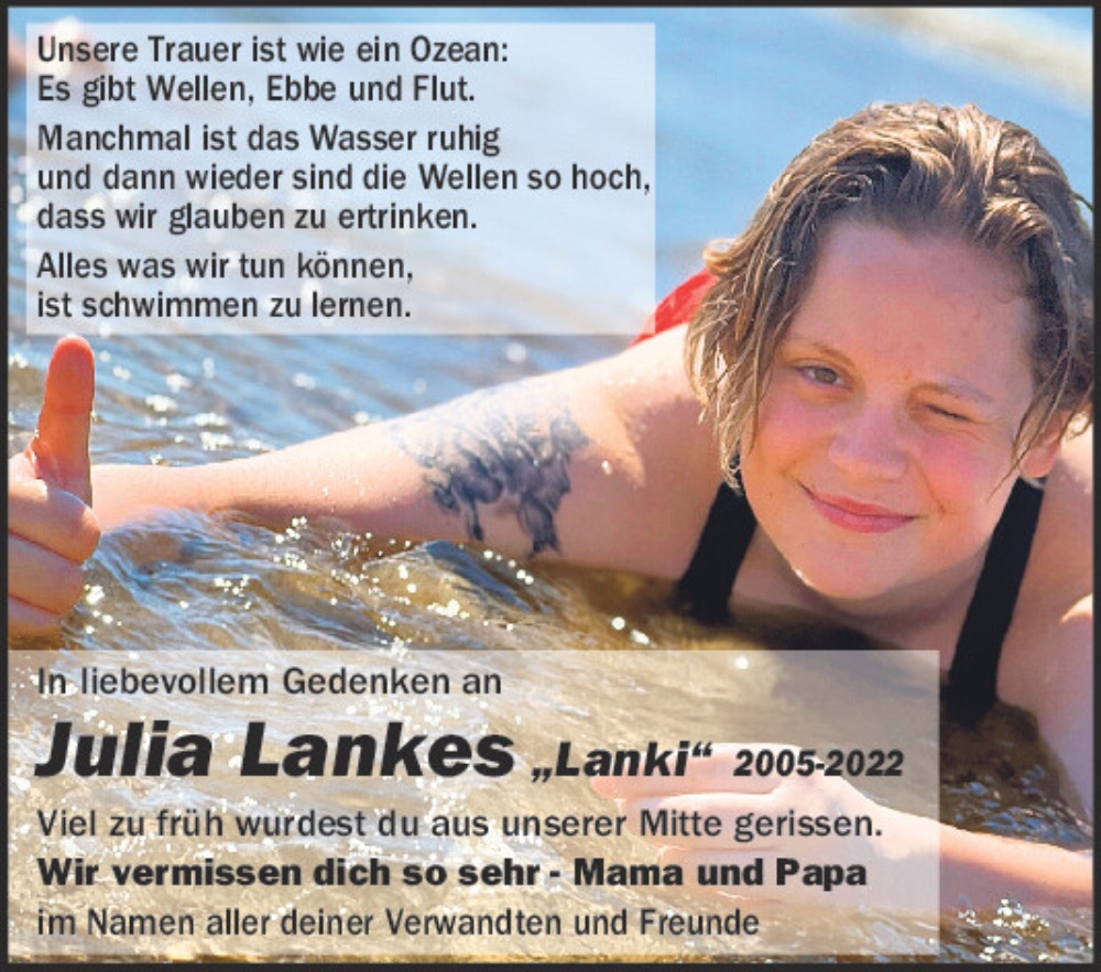  Traueranzeige für Julia Lankes vom 22.08.2023 aus Bayerwald Echo