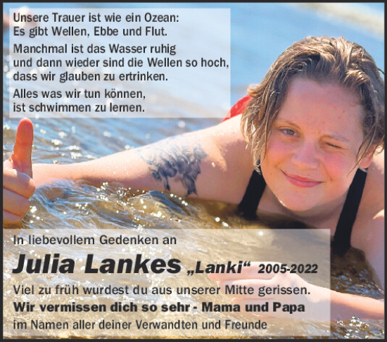 Traueranzeige von Julia Lankes von Bayerwald Echo