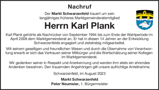 Traueranzeige von Karl Plank von Mittelbayerische Zeitung Schwandorf