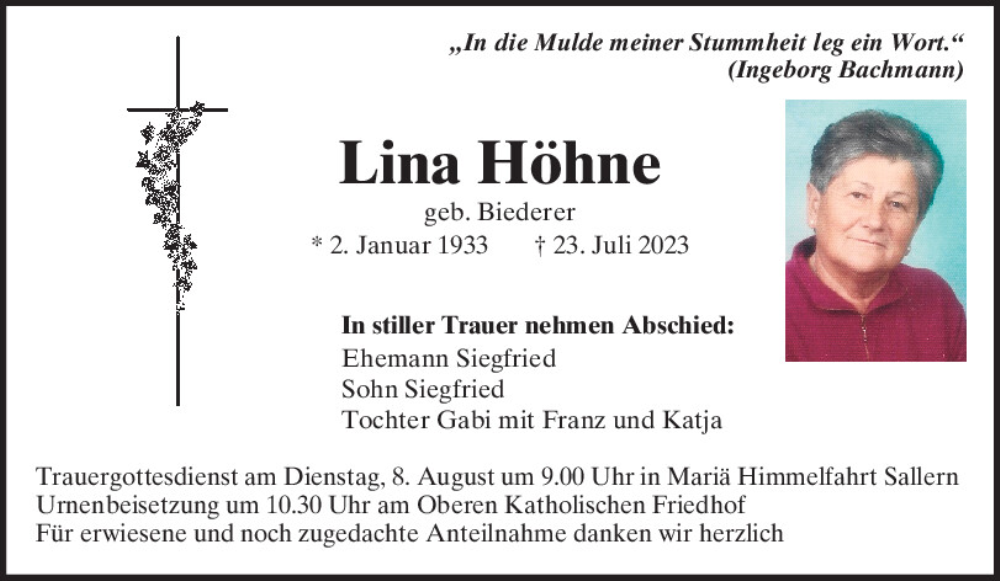  Traueranzeige für Lina Höhne vom 05.08.2023 aus Mittelbayerische Zeitung Regensburg