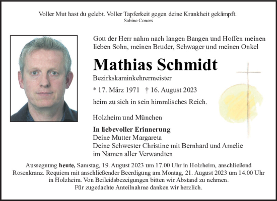 Traueranzeige von Mathias Schmidt von Neumarkter Tagblatt