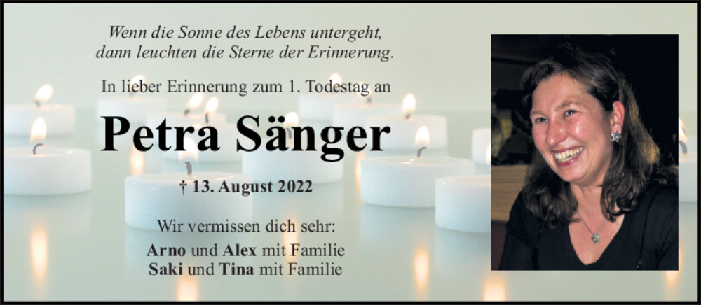  Traueranzeige für Petra Sänger vom 12.08.2023 aus Mittelbayerische Zeitung Schwandorf