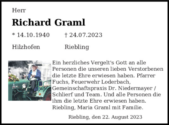 Traueranzeige von Richard Graml von Neumarkter Tagblatt