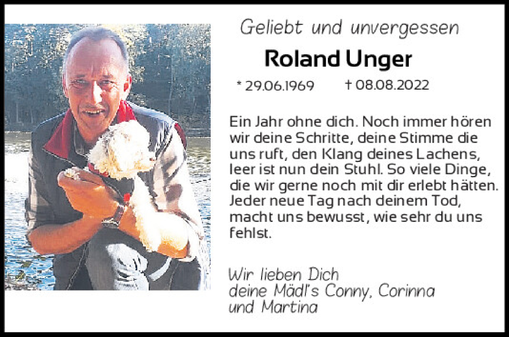  Traueranzeige für Roland Unger vom 08.08.2023 aus Mittelbayerische Zeitung Schwandorf