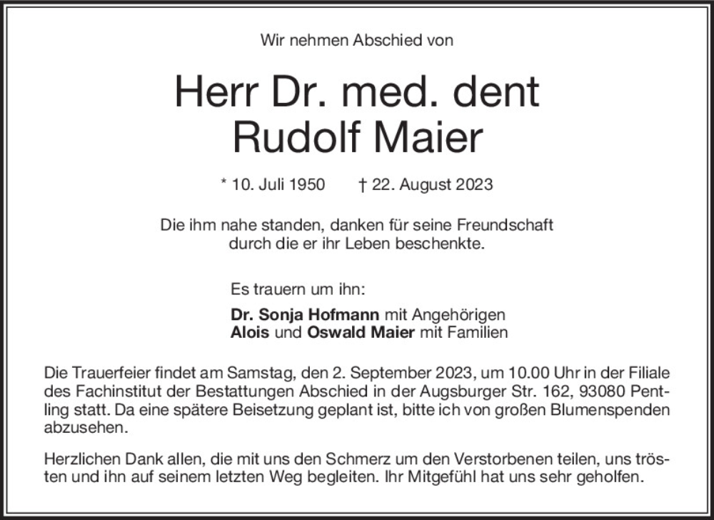  Traueranzeige für Dr. med. dent Rudolf Maier vom 31.08.2023 aus Mittelbayerische Zeitung Regensburg