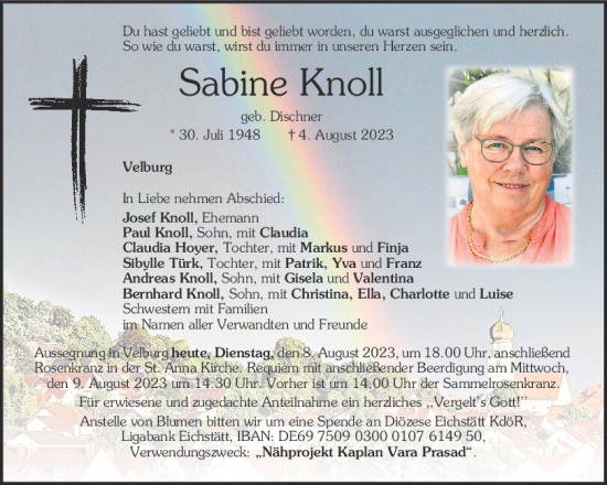 Traueranzeige von Sabine Knoll von Neumarkter Tagblatt