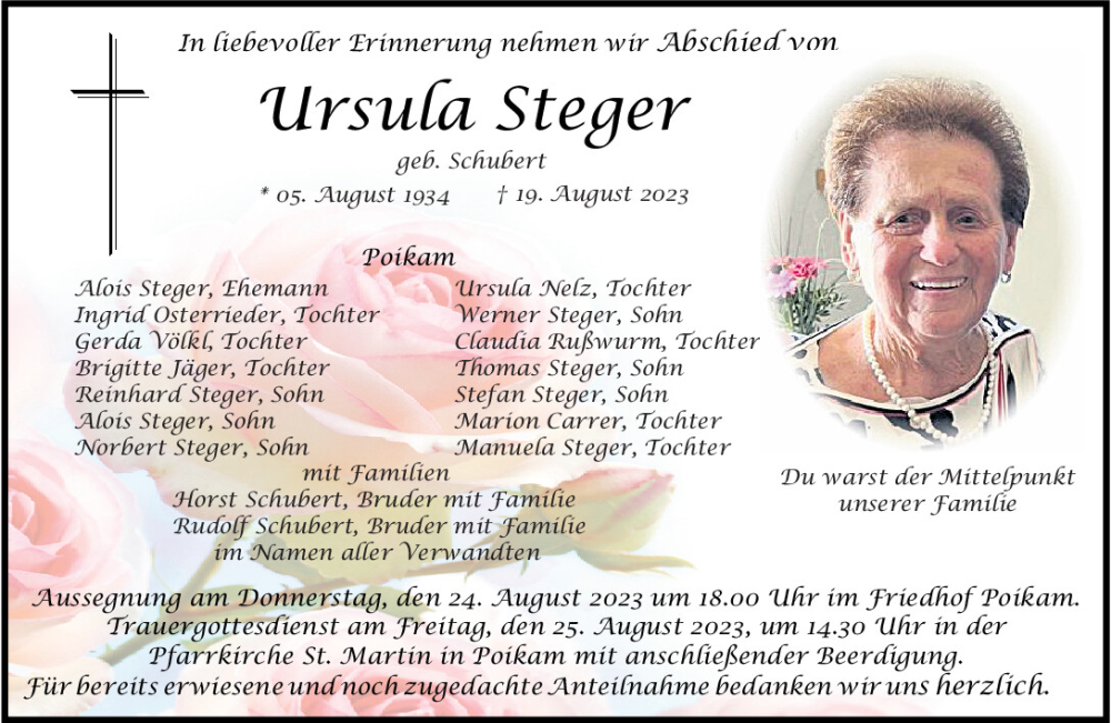  Traueranzeige für Ursula Steger vom 22.08.2023 aus Mittelbayerische Zeitung Kelheim