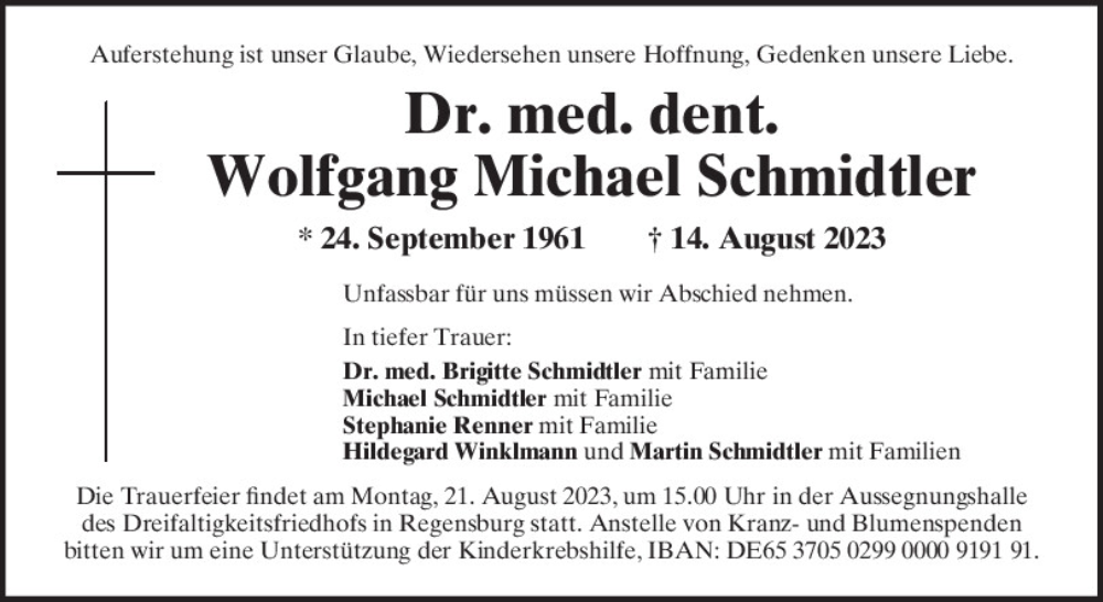  Traueranzeige für Wolfgang Michael Schmidtler vom 19.08.2023 aus Mittelbayerische Zeitung Gesamtausgabe