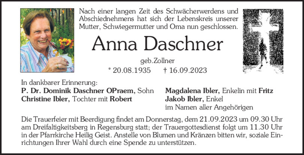  Traueranzeige für Anna Daschner vom 19.09.2023 aus Mittelbayerische Zeitung Regensburg