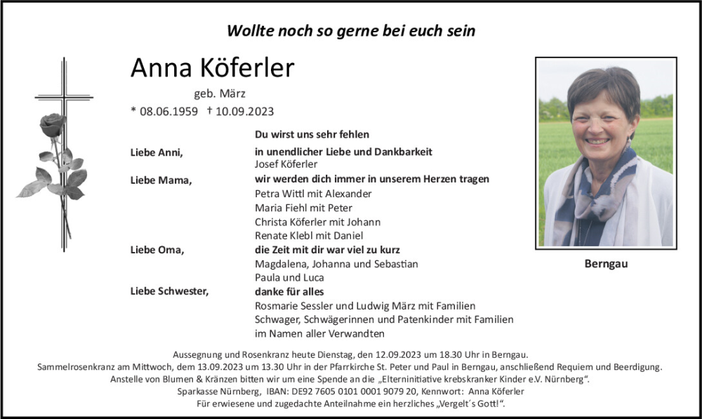  Traueranzeige für Anna Köferler vom 12.09.2023 aus Neumarkter Tagblatt