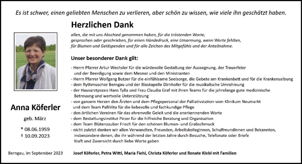  Traueranzeige für Anna Köferler vom 30.09.2023 aus Neumarkter Tagblatt