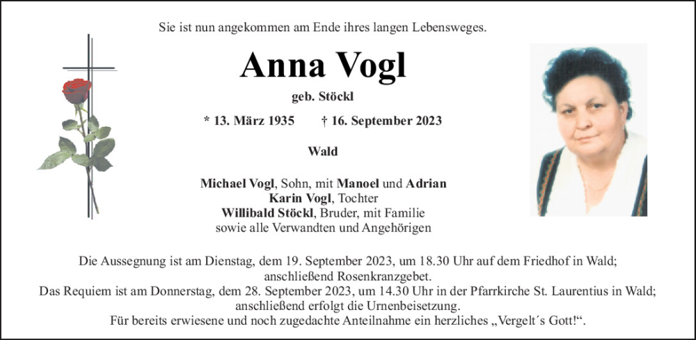  Traueranzeige für Anna Vogl vom 19.09.2023 aus Bayerwald Echo