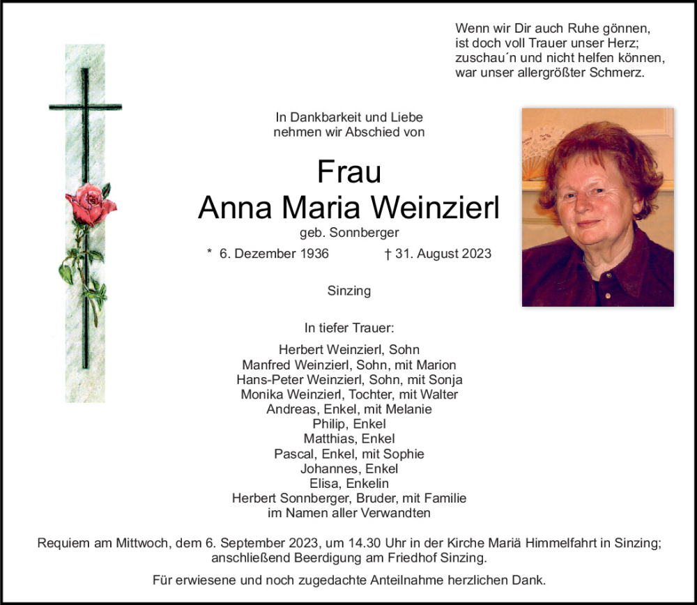 Traueranzeige für Anna Maria Weinzierl vom 02.09.2023 aus Mittelbayerische Zeitung Regensburg