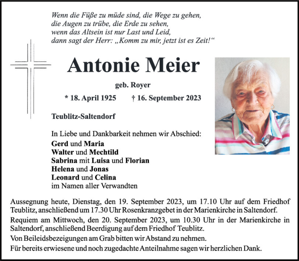  Traueranzeige für Antonie Meier vom 19.09.2023 aus Mittelbayerische Zeitung Schwandorf