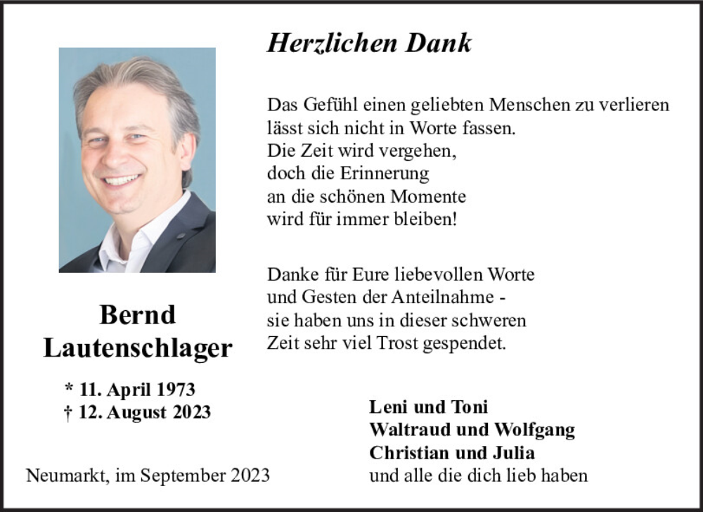  Traueranzeige für Bernd Lautenschlager vom 16.09.2023 aus Neumarkter Tagblatt