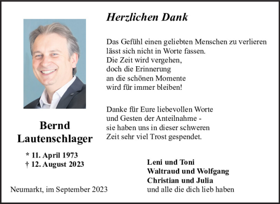 Traueranzeige von Bernd Lautenschlager von Neumarkter Tagblatt