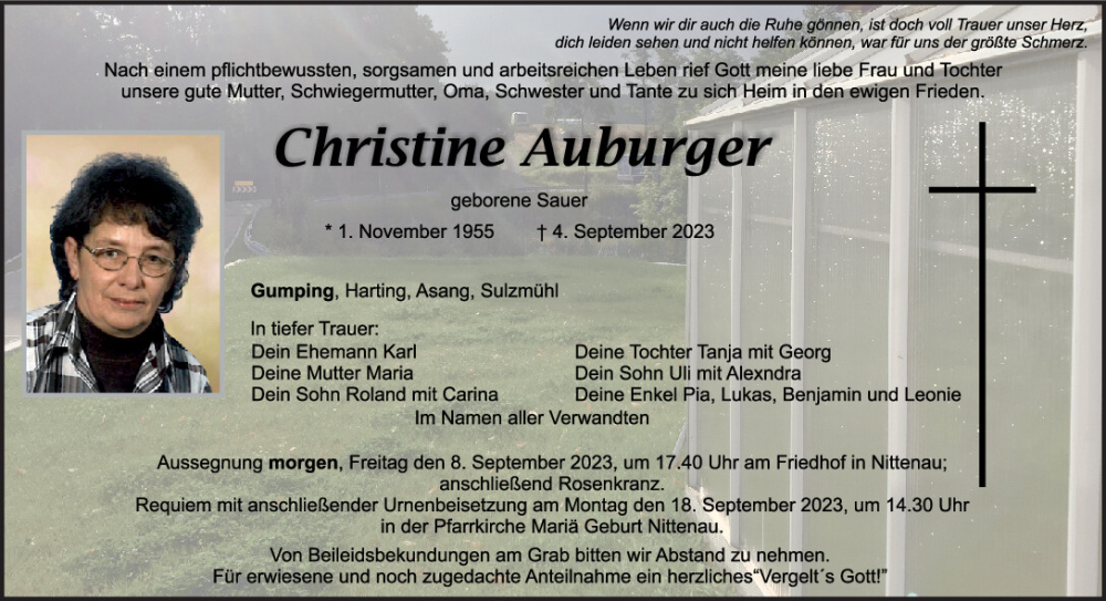  Traueranzeige für Christine Auburger vom 07.09.2023 aus Mittelbayerische Zeitung Schwandorf
