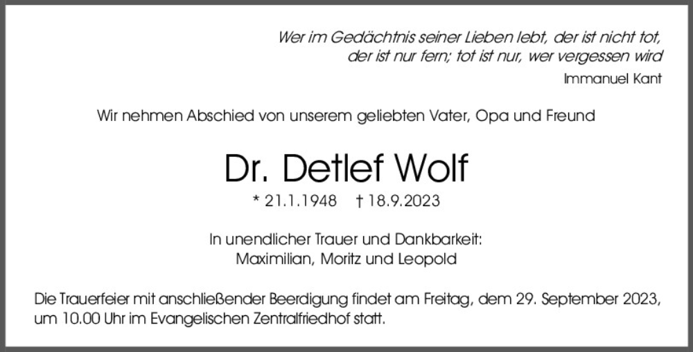  Traueranzeige für Detlef Wolf vom 23.09.2023 aus Mittelbayerische Zeitung Regensburg
